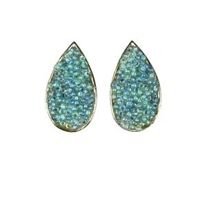 Vintage Gold Tone Green Caviar Texture Teardrop Clip On Earrings 1" Statement